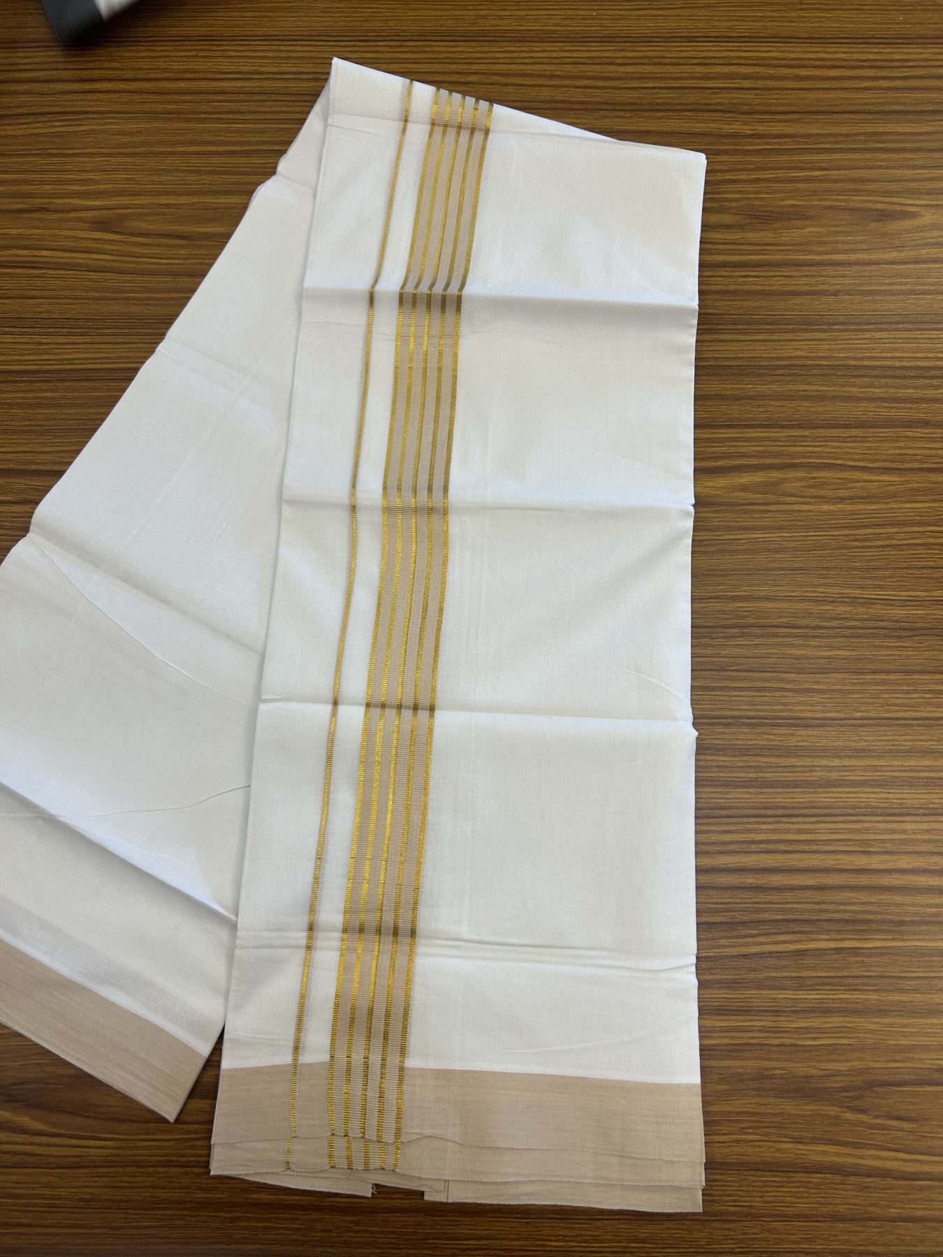 20% Discount! KaithariKada Balaramapuram 100% Cotton Double Pure white Mundu/Dhoti- 100x80 - 1.25 inch Gold Kasav & Cream Stripes kara 3.75 mtr ( 8 muzham) - 10 KK5315 VAS
