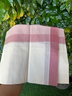 21% DISCOUNT! KaithariKada Balaramapuram 100% Cotton OFF WHITE (Unbleached) Double Mundu/Dhoti - 100x80 - 7.25 inch Dusty Rose Stripes Kara 4 mtr (8.5 muzham) - 1KK5243 PMC
