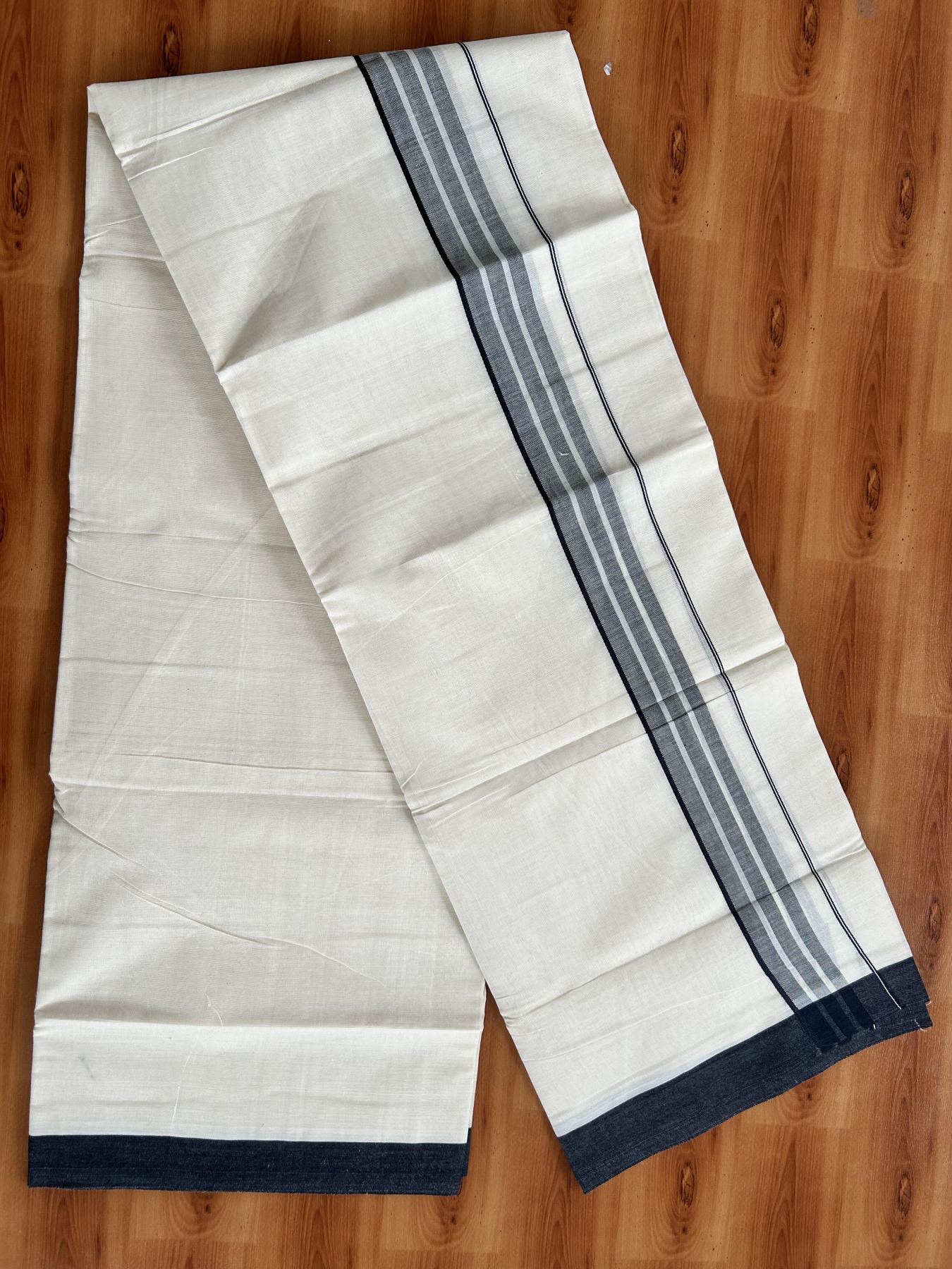 Double Off White (Unbleached) Mundu/Dhoti - 20% Discount! KaithariKada Pure Cotton - 60s - 1.75 inch Navy Blue Shaded Striped Kara 4 mtr (8.5 Muzham) - 60 KK5460 PMC