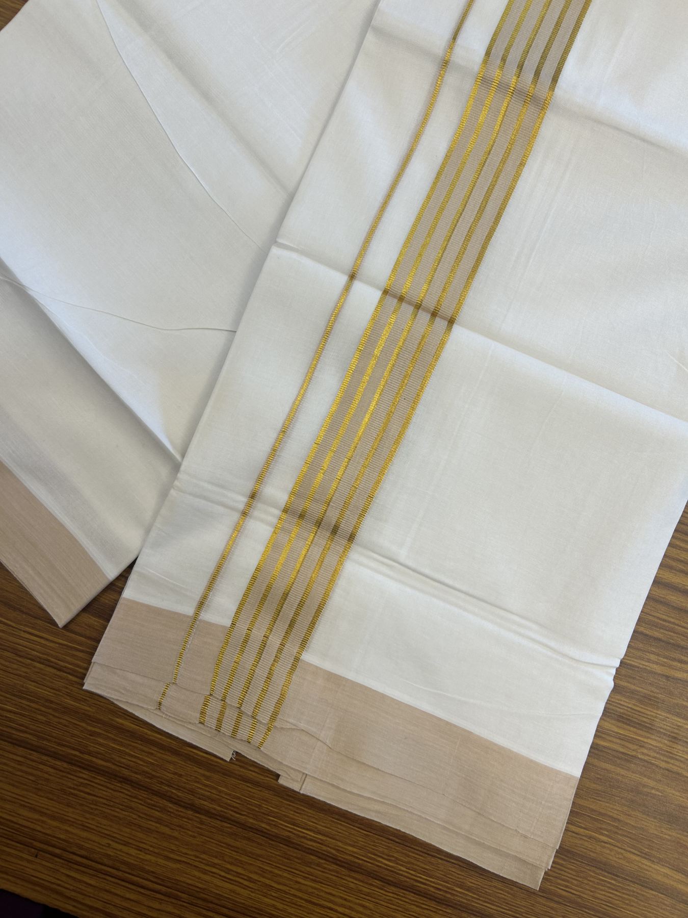 20% Discount! KaithariKada Balaramapuram 100% Cotton Double Pure white Mundu/Dhoti- 100x80 - 1.25 inch Gold Kasav & Cream Stripes kara 3.75 mtr ( 8 muzham) - 10 KK5315 VAS