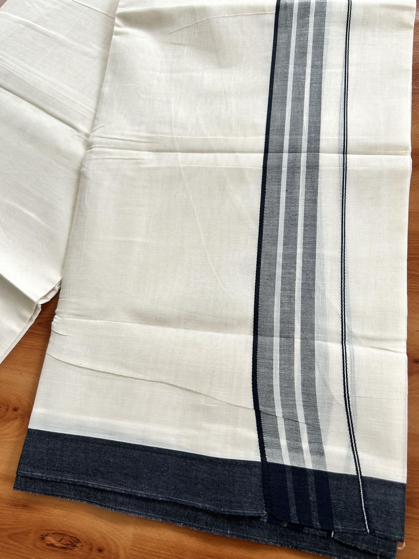 Double Off White (Unbleached) Mundu/Dhoti - 20% Discount! KaithariKada Pure Cotton - 60s - 1.75 inch Navy Blue Shaded Striped Kara 4 mtr (8.5 Muzham) - 60 KK5460 PMC