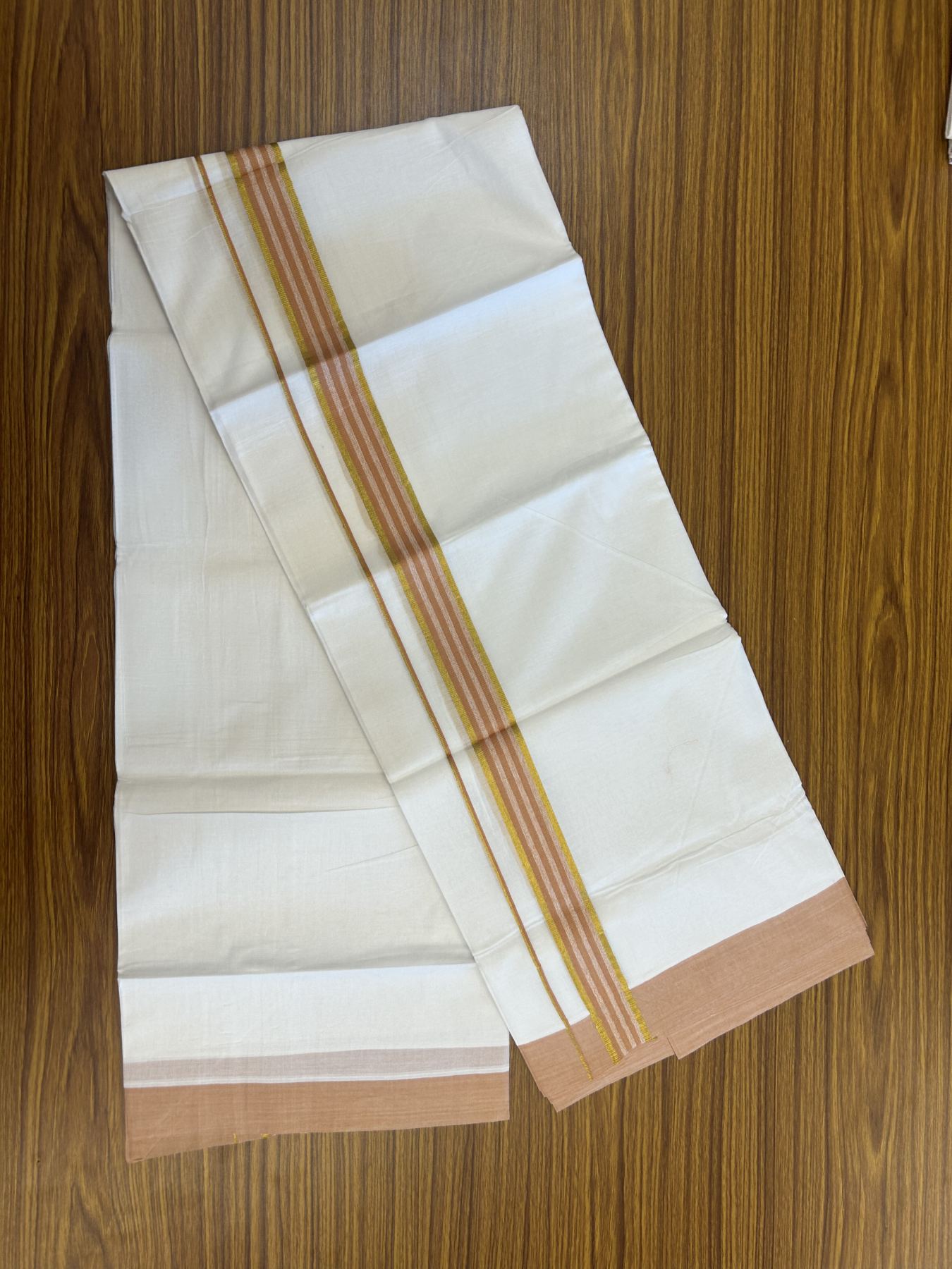 20% Discount! KaithariKada Balaramapuram 100% Cotton Double Pure white Mundu/Dhoti- 100x80 - 1.25 inch Silver Kasav & Pestel Orange kara 3.75 mtr ( 8 muzham) - 7 KK5315 VAS