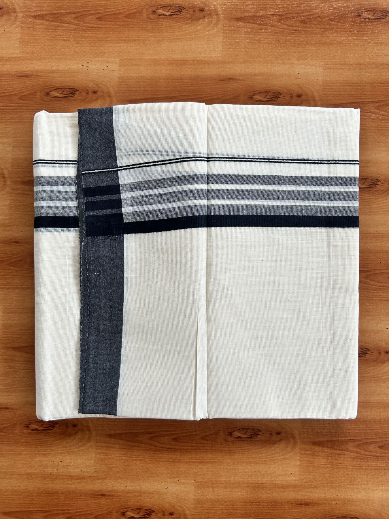 Double Off White (Unbleached) Mundu/Dhoti - 20% Discount! KaithariKada Pure Cotton - 60s - 1.5 inch Navy Blue Shaded Striped Kara 4 mtr (8.5 Muzham) - 62 KK5460 PMC