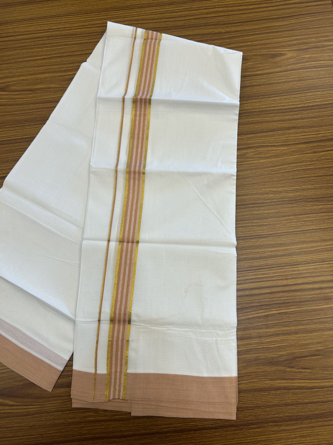 20% Discount! KaithariKada Balaramapuram 100% Cotton Double Pure white Mundu/Dhoti- 100x80 - 1.25 inch Silver Kasav & Pestel Orange kara 3.75 mtr ( 8 muzham) - 7 KK5315 VAS