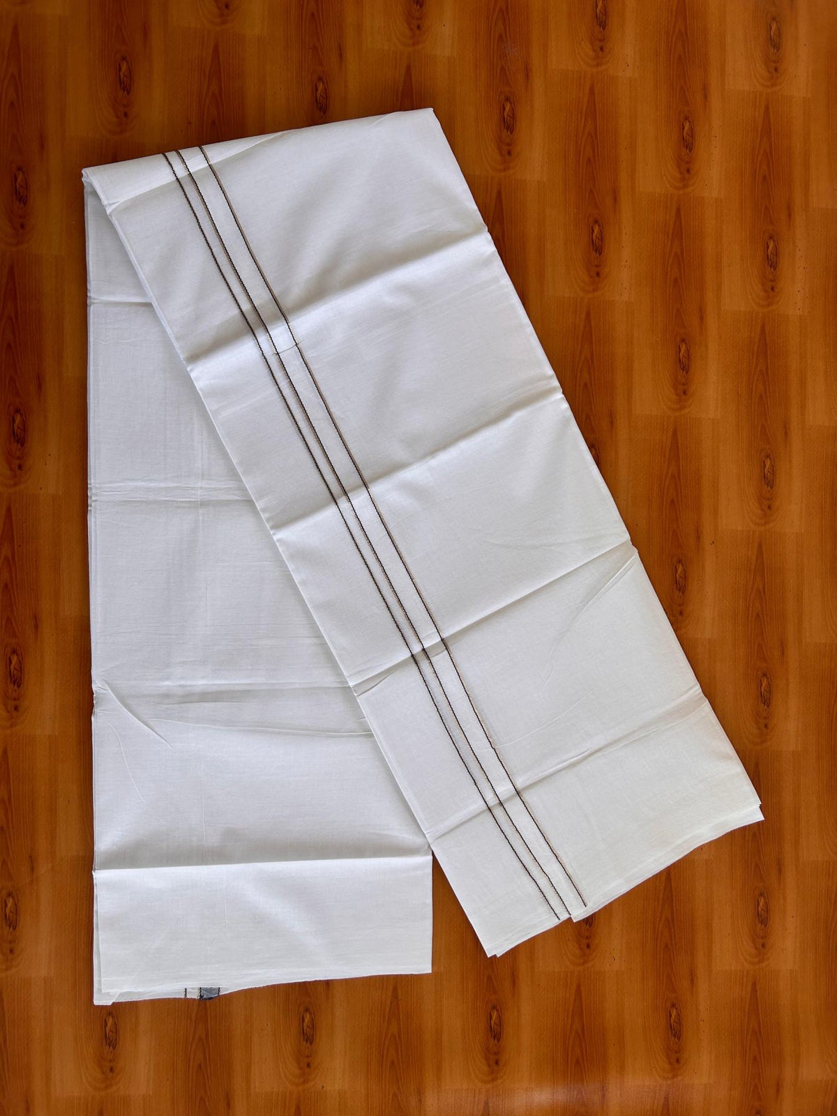 Pure white Double Mundu/Dhoti - 23% Discount! KaithariKada 100% Cotton - 100X80 - 0.75 inch Silver Kasav Navy Blue One Side Chutty Kara - 3.90 mtr (8.5 muzham) - 1 KK5528 VAS