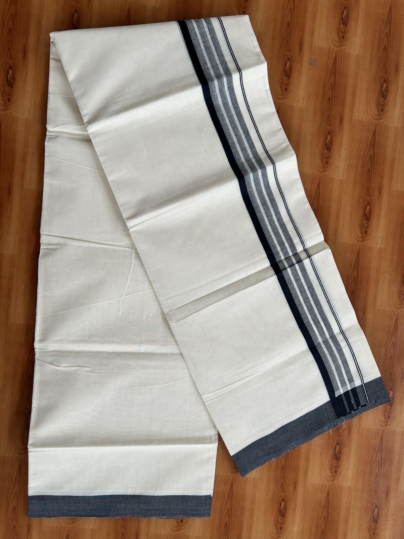 Double Off White (Unbleached) Mundu/Dhoti - 20% Discount! KaithariKada Pure Cotton - 60s - 1.5 inch Navy Blue Shaded Striped Kara 4 mtr (8.5 Muzham) - 62 KK5460 PMC