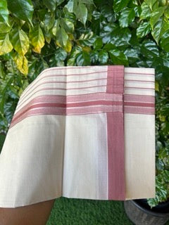 20% Discount !! KaithariKada Balaramapuram Double OFF WHITE (Unbleached) Mundu/Dhoti - 100x80 - 8 inch Dusty Rose & Silver Striped kara 4 mtr (8.5 muzham) - 5KK5243 PMC