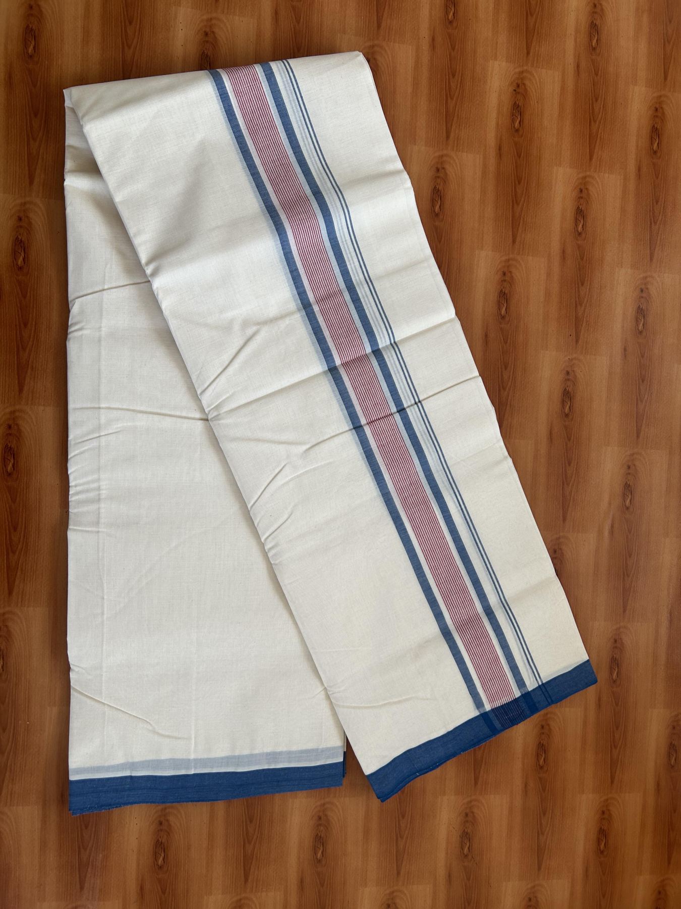 25% Discount! KaithariKada Handloom Millpaav - Kerala Handloom - Cotton Double Mundu/Dhoti Off white (Unbleached) - 80x90 - 2 inch Peacock Blue & Red Shaded Stripes Kara 4.00 meter (8.5 Muzham) - 90 KK5383 RAM