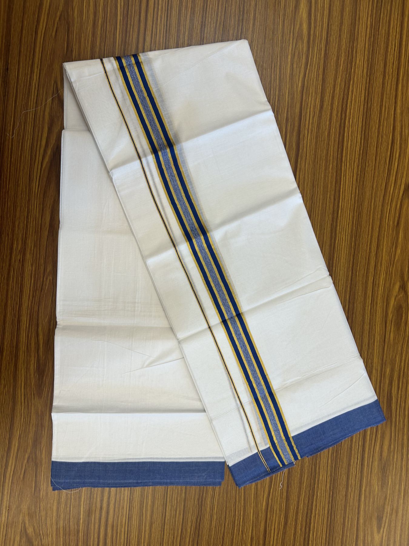20% Discount! KaithariKada Balaramapuram 100% Cotton Double Pure white Mundu/Dhoti- 100x80 - 1.5 inch Gold Kasav & Blue Stripes kara 3.75 mtr (8 muzham) - 47 KK5315 VAS