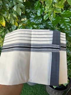 20% Discount !! KaithariKada Balaramapuram Double OFF WHITE (Unbleached) Mundu/Dhoti - 100x80 - 8 inch Black & Silver Striped kara 4 mtr (8.5 muzham) - 6KK5243 PMC
