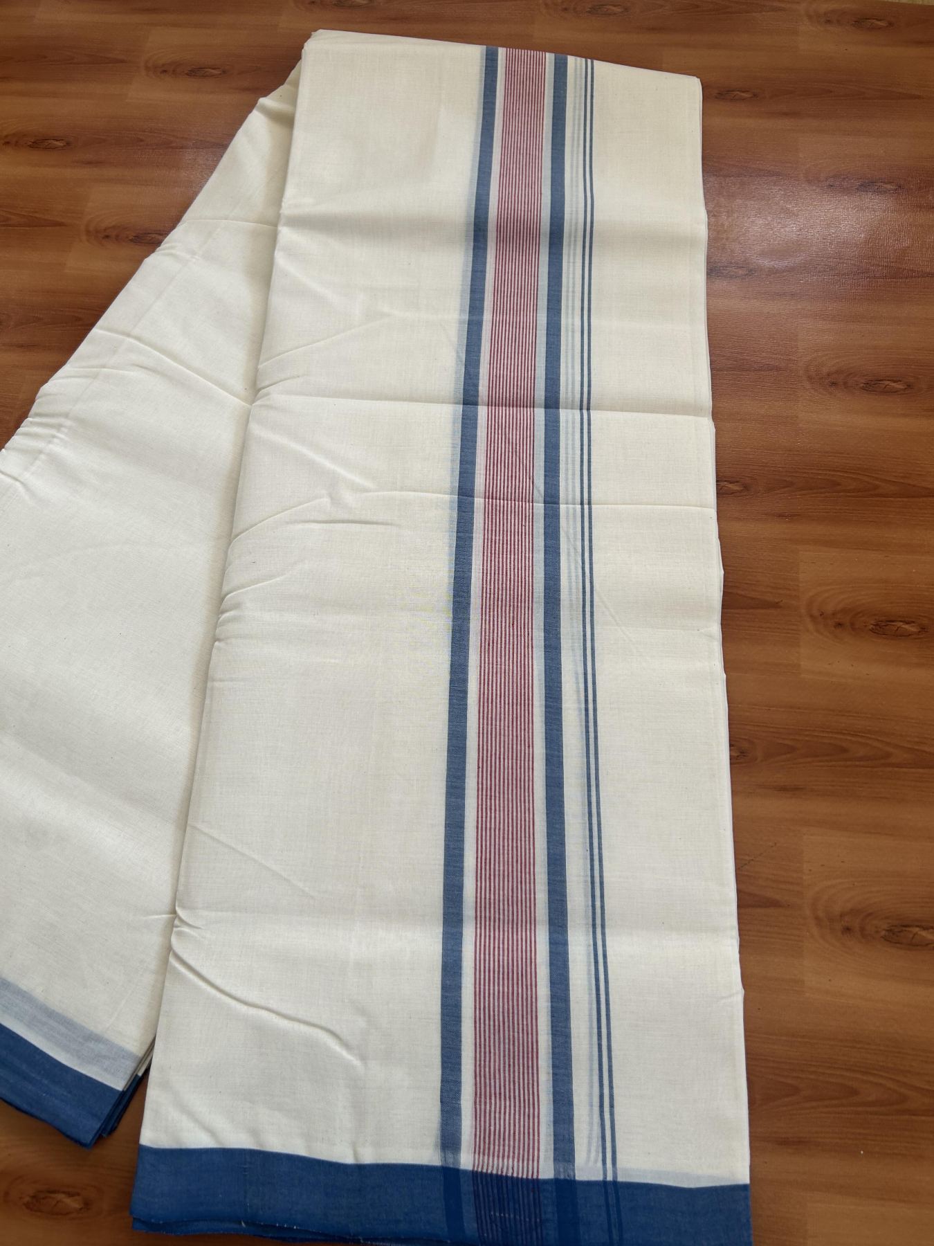 25% Discount! KaithariKada Handloom Millpaav - Kerala Handloom - Cotton Double Mundu/Dhoti Off white (Unbleached) - 80x90 - 2 inch Peacock Blue & Red Shaded Stripes Kara 4.00 meter (8.5 Muzham) - 90 KK5383 RAM