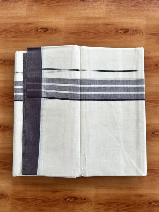 Double Off White (Unbleached) Mundu/Dhoti - 20% Discount! KaithariKada Pure Cotton - 60s - 1.5 inch Dark Purple Shaded Striped Kara 4 mtr (8.5 Muzham) - 61 KK5460 PMC