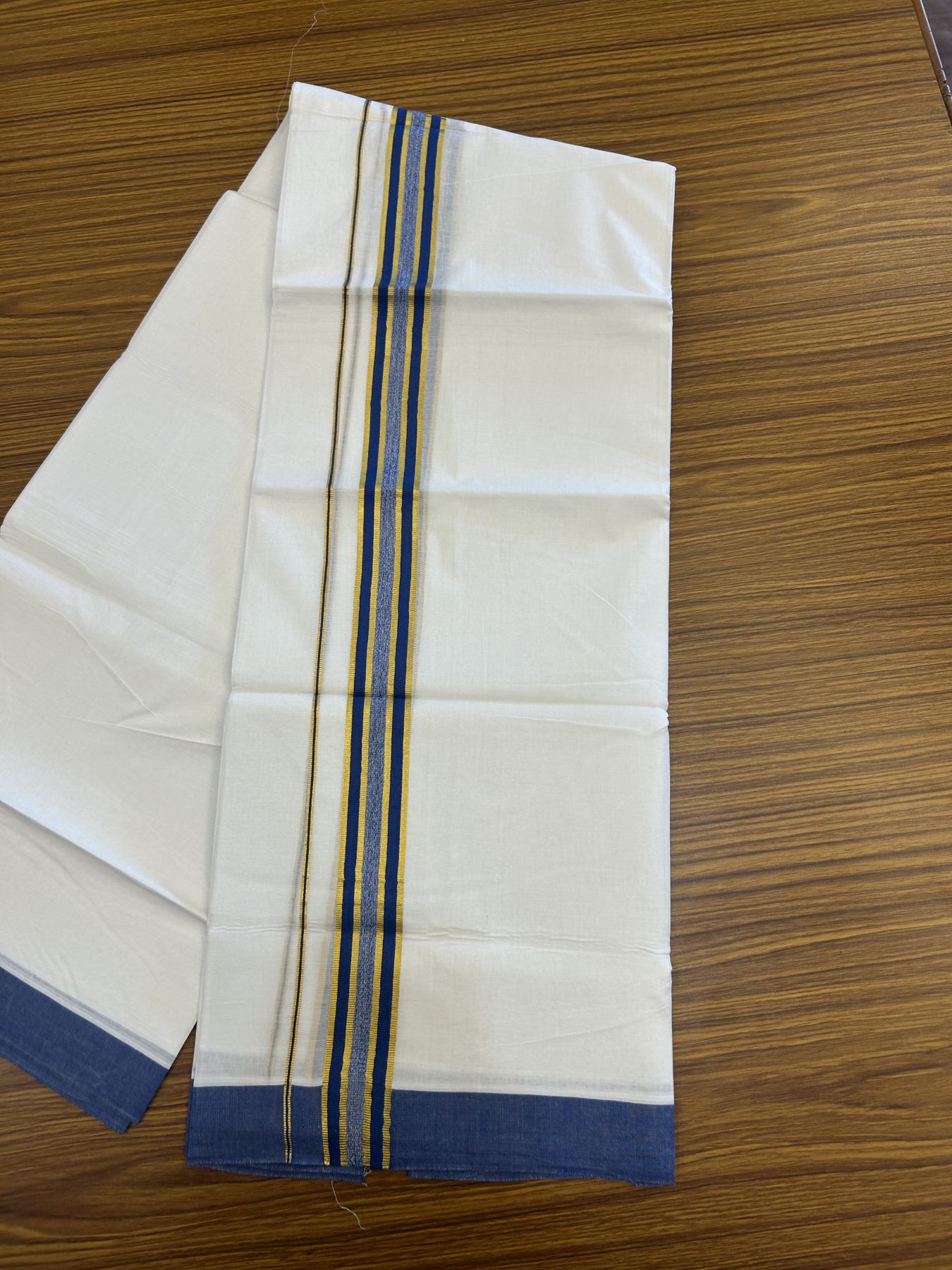 20% Discount! KaithariKada Balaramapuram 100% Cotton Double Pure white Mundu/Dhoti- 100x80 - 1.5 inch Gold Kasav & Blue Stripes kara 3.75 mtr (8 muzham) - 47 KK5315 VAS