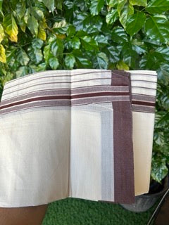 20% Discount !! KaithariKada Balaramapuram Double OFF WHITE (Unbleached) Mundu/Dhoti - 100x80 - 8 inch Brown & Silver Striped kara 4 mtr (8.5 muzham) - 7KK5243 PMC
