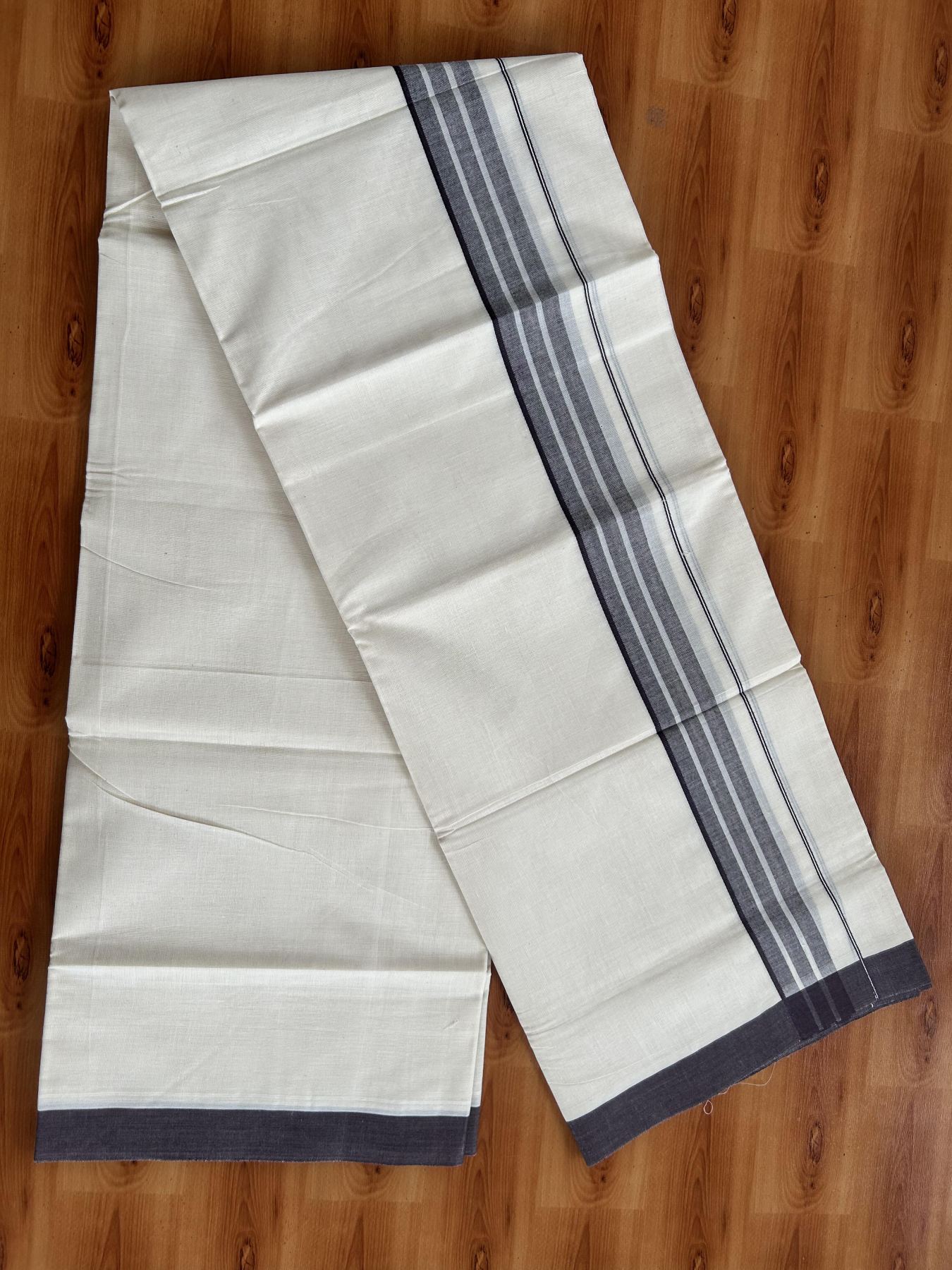 Double Off White (Unbleached) Mundu/Dhoti - 20% Discount! KaithariKada Pure Cotton - 60s - 1.5 inch Dark Purple Shaded Striped Kara 4 mtr (8.5 Muzham) - 61 KK5460 PMC