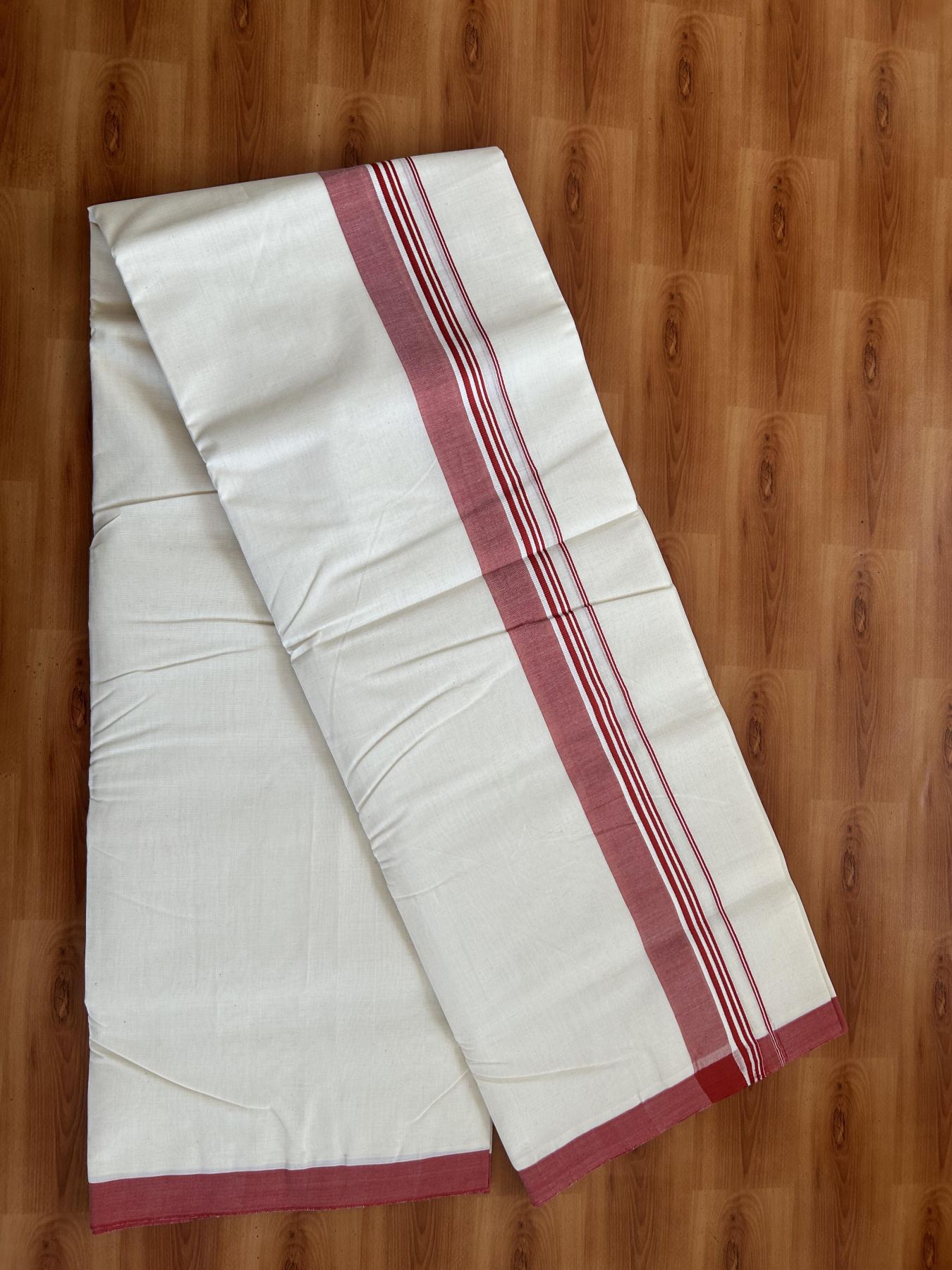 25% Discount! KaithariKada Handloom Millpaav - Kerala Handloom - Cotton Double Mundu/Dhoti Off white (Unbleached) - 80x90 - 1.75 inch Red Shaded Stripes Kara 4.00 meter (8.5 Muzham) - 93 KK5383 RAM