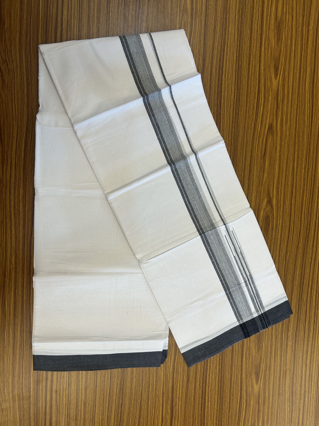 20% Discount! KaithariKada Balaramapuram 100% Cotton Double Pure white Mundu/Dhoti- 100x80 - 1.5 inch Black shaded striped chutty kara - 3.75 mtr ( 8 muzham) - 19 KK5315 VAS