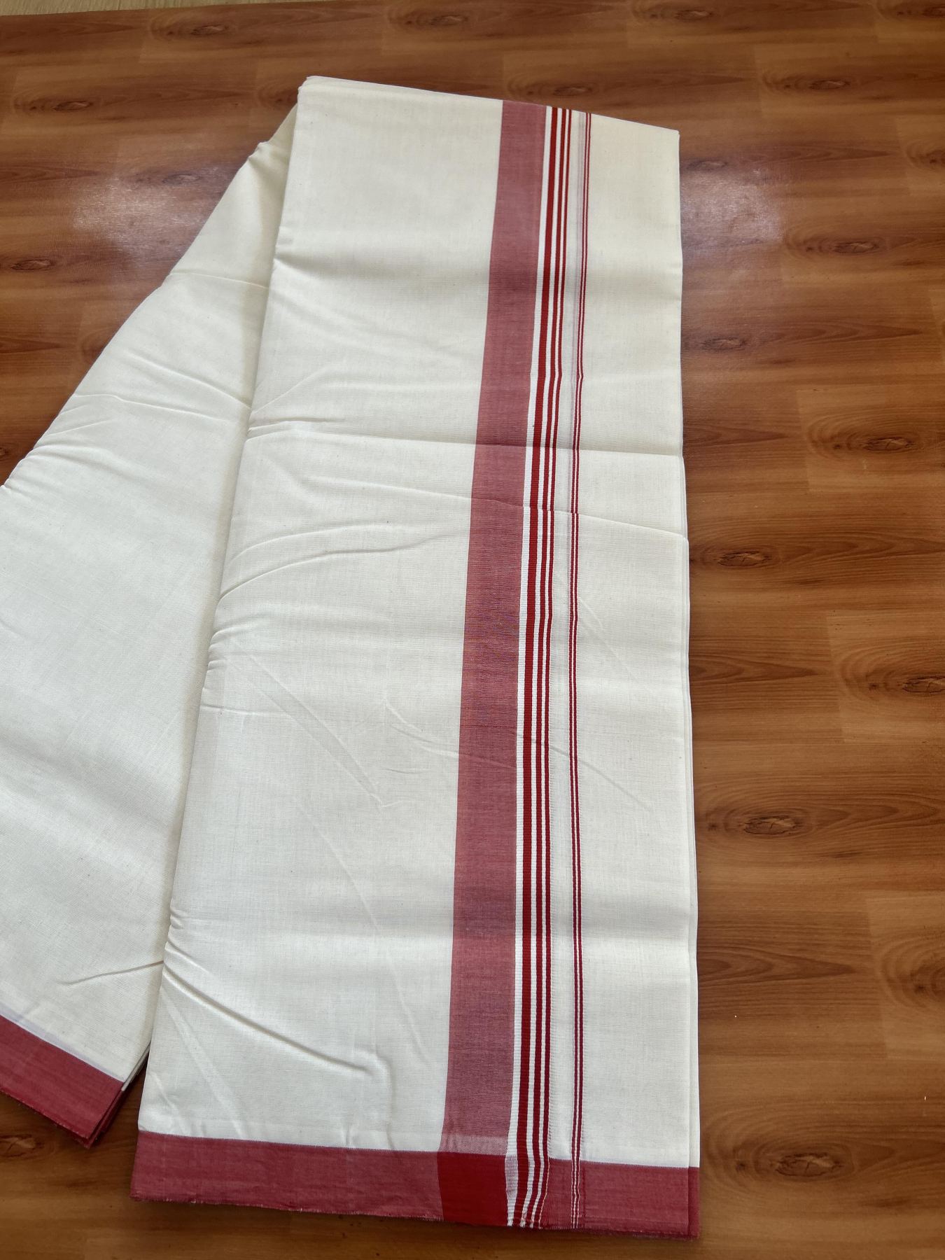 25% Discount! KaithariKada Handloom Millpaav - Kerala Handloom - Cotton Double Mundu/Dhoti Off white (Unbleached) - 80x90 - 1.75 inch Red Shaded Stripes Kara 4.00 meter (8.5 Muzham) - 93 KK5383 RAM