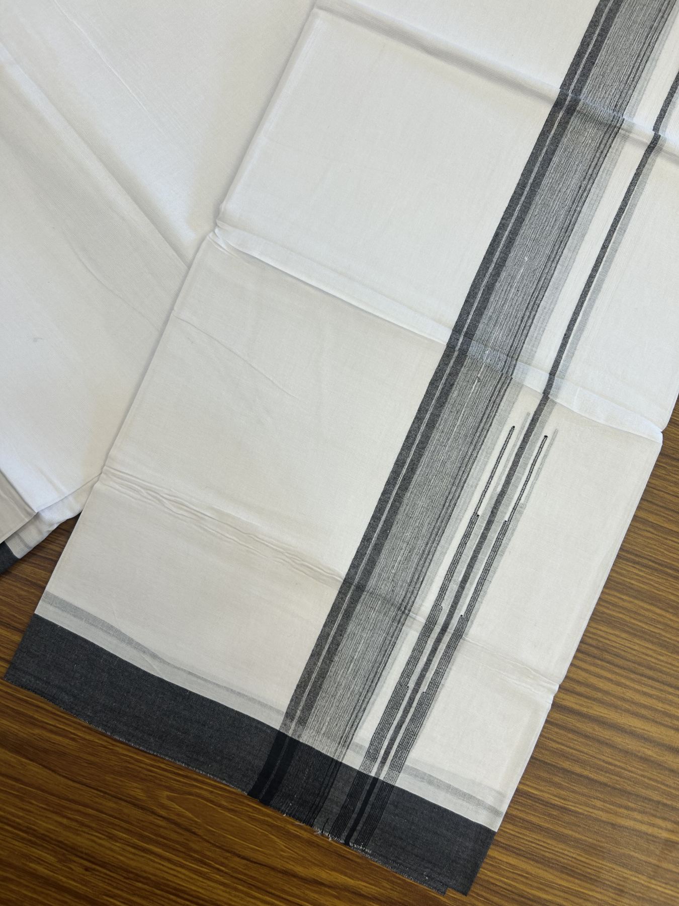 20% Discount! KaithariKada Balaramapuram 100% Cotton Double Pure white Mundu/Dhoti- 100x80 - 1.5 inch Black shaded striped chutty kara - 3.75 mtr ( 8 muzham) - 19 KK5315 VAS