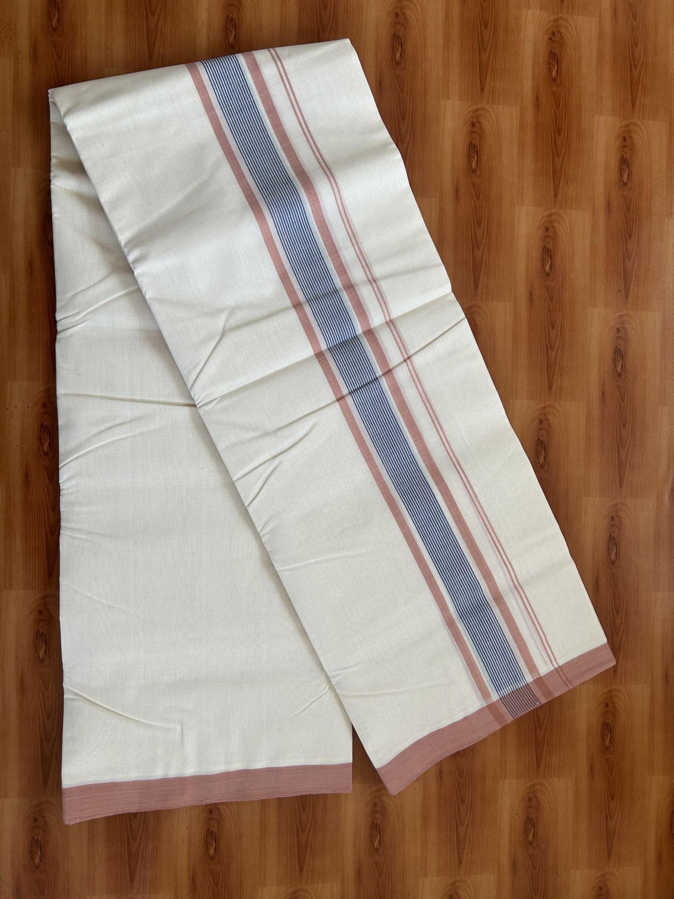 25% Discount! KaithariKada Handloom Millpaav - Kerala Handloom - Cotton Double Mundu/Dhoti Off white (Unbleached) - 80x90 - 2 inch Dark Peach & Blue Shaded Stripes Kara 4.00 meter (8.5 Muzham) - 92 KK5383 RAM