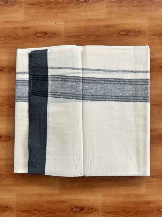 Double Off White (Unbleached) Mundu/Dhoti - 20% Discount! KaithariKada Pure Cotton - 100X80 - 1.75 inch Greyish Black Shaded Striped Kara 4 mtr (8.5 Muzham) - 56 KK5460 PMC