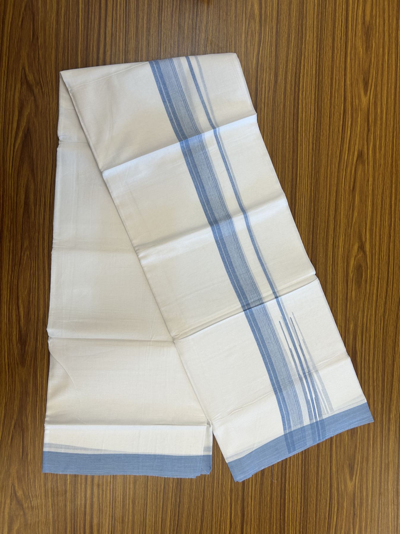 20% Discount! KaithariKada Balaramapuram 100% Cotton Double Pure white Mundu/Dhoti- 100x80 - 1.5 inch Blue shaded striped chutty kara - 3.75 mtr ( 8 muzham) - 21 KK5315 VAS