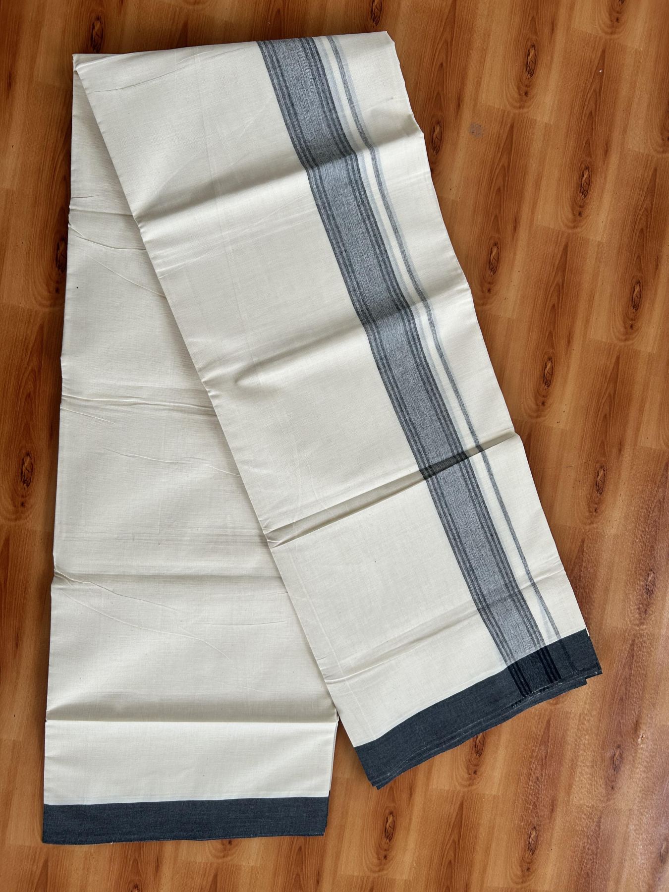 Double Off White (Unbleached) Mundu/Dhoti - 20% Discount! KaithariKada Pure Cotton - 100X80 - 1.75 inch Greyish Black Shaded Striped Kara 4 mtr (8.5 Muzham) - 56 KK5460 PMC