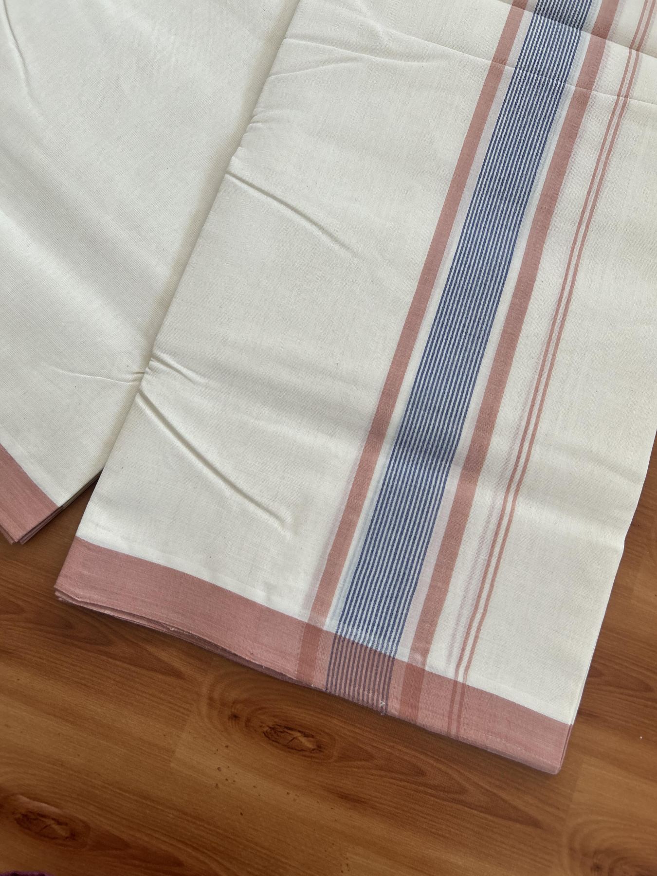 25% Discount! KaithariKada Handloom Millpaav - Kerala Handloom - Cotton Double Mundu/Dhoti Off white (Unbleached) - 80x90 - 2 inch Dark Peach & Blue Shaded Stripes Kara 4.00 meter (8.5 Muzham) - 92 KK5383 RAM