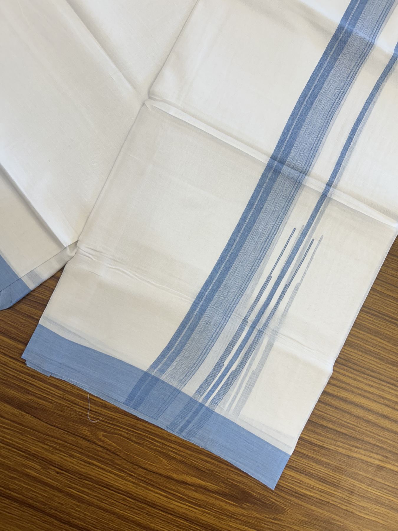 20% Discount! KaithariKada Balaramapuram 100% Cotton Double Pure white Mundu/Dhoti- 100x80 - 1.5 inch Blue shaded striped chutty kara - 3.75 mtr ( 8 muzham) - 21 KK5315 VAS
