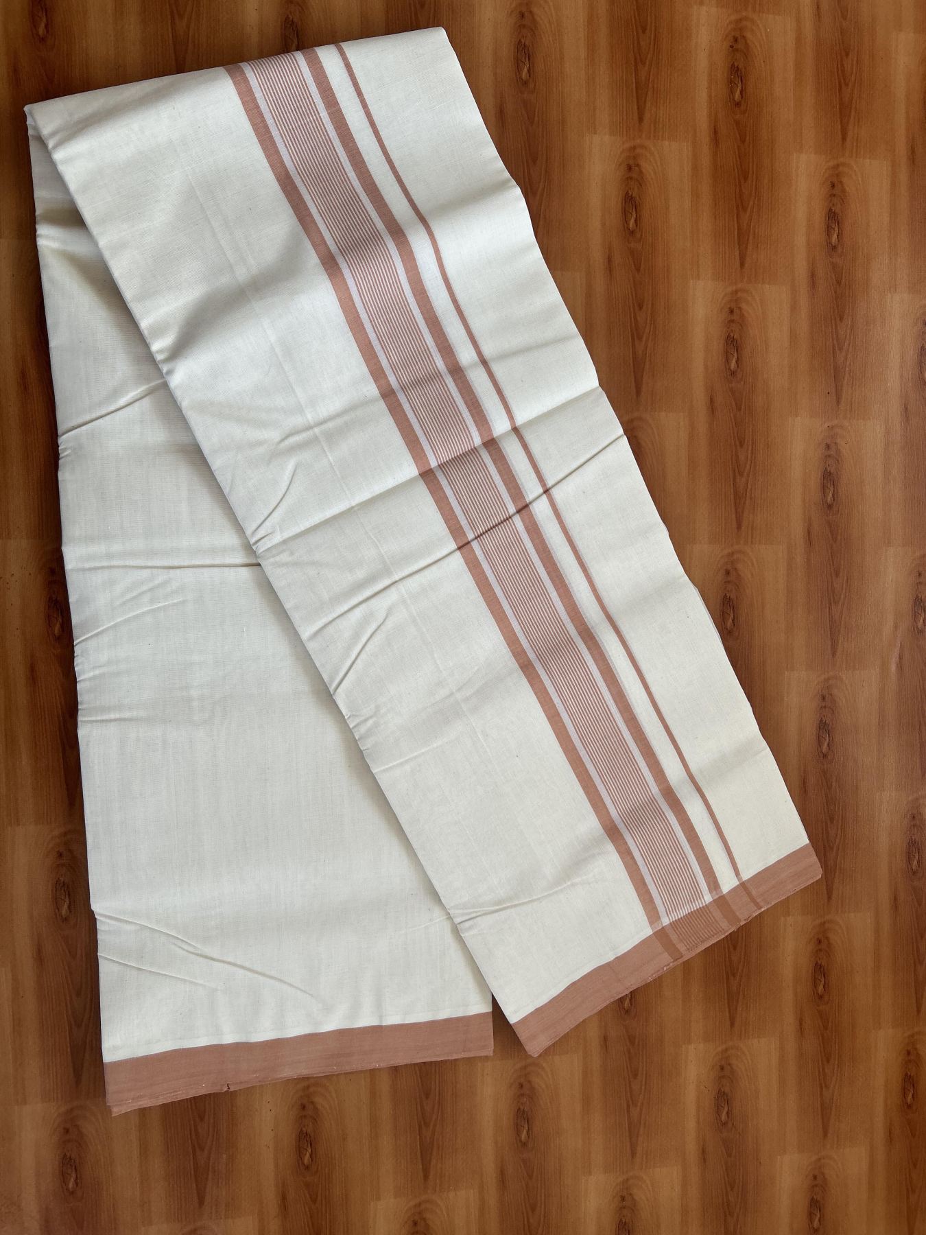 25% Discount! KaithariKada Handloom Millpaav - Kerala Handloom - Cotton Double Mundu/Dhoti Off white (Unbleached) - 80x90 - 2 inch Orange Brown Shaded Stripes Kara 4.00 meter (8.5 Muzham) - 85 KK5383 RAM