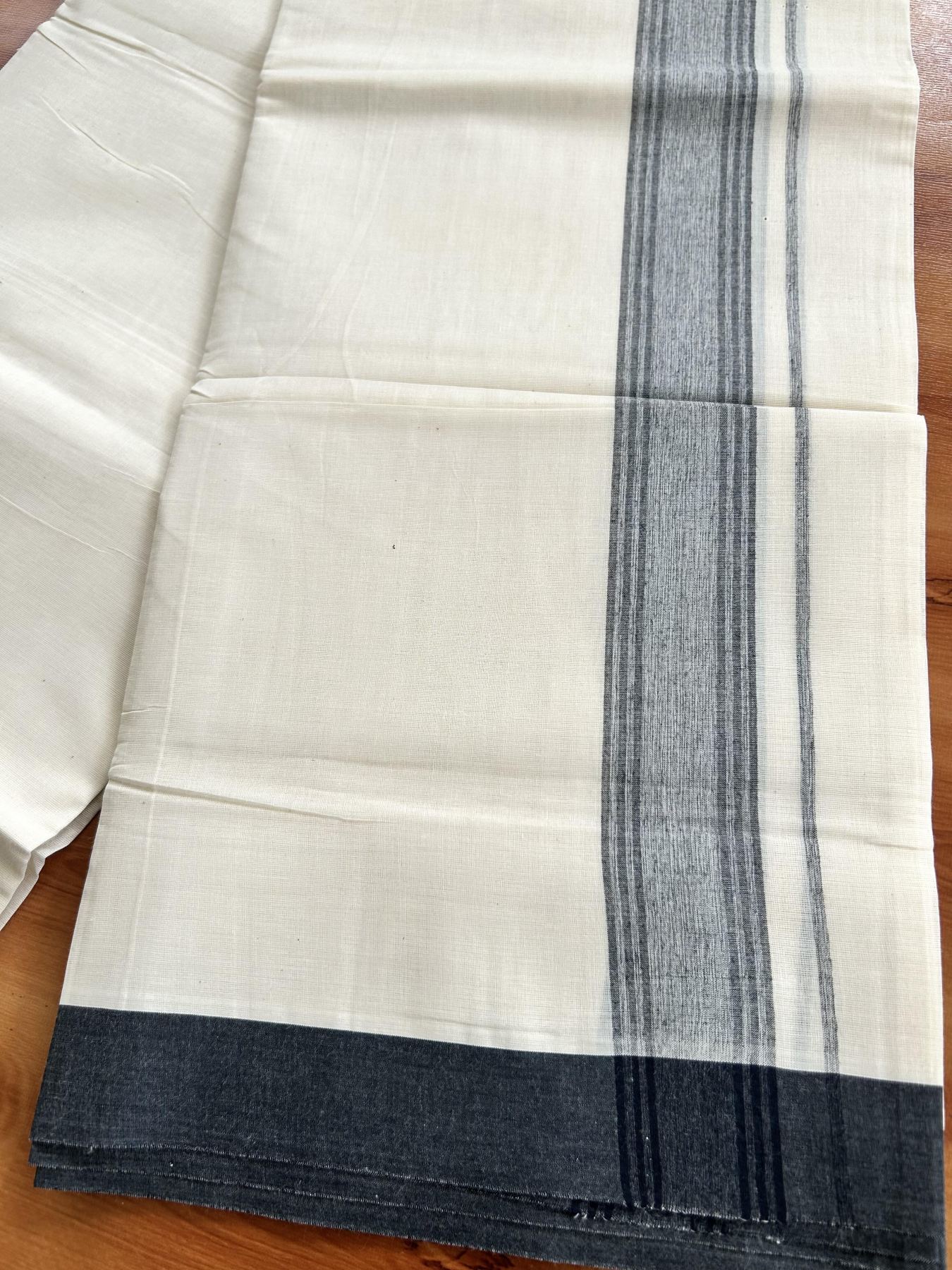 Double Off White (Unbleached) Mundu/Dhoti - 20% Discount! KaithariKada Pure Cotton - 100X80 - 1.75 inch Greyish Black Shaded Striped Kara 4 mtr (8.5 Muzham) - 56 KK5460 PMC