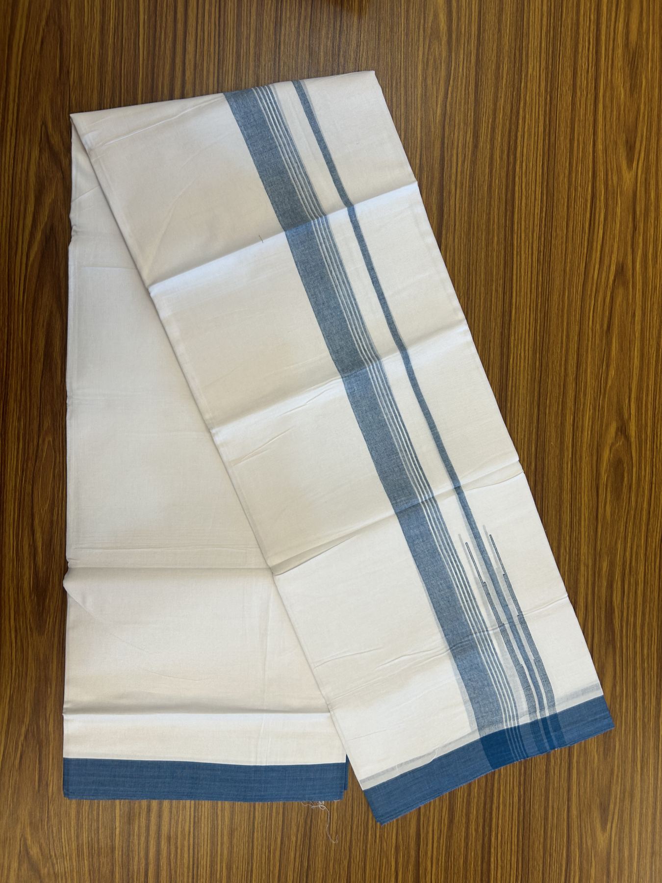 20% Discount! KaithariKada Balaramapuram 100% Cotton Double Pure white Mundu/Dhoti- 100x80 - 1.5 inch Peacock Blue shaded striped chutty kara - 3.75 mtr ( 8 muzham) - 26 KK5315 VAS