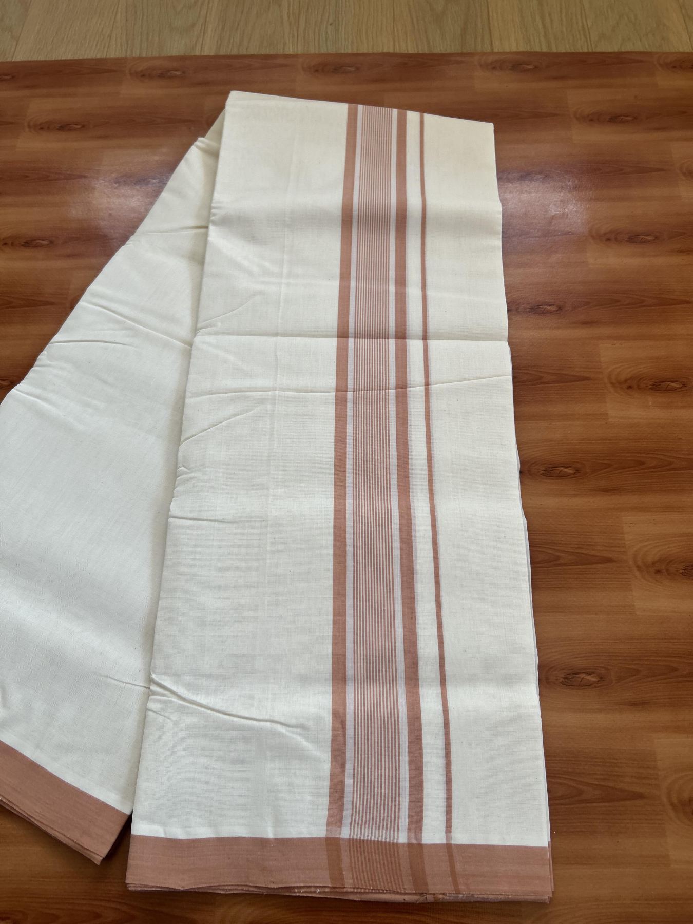 25% Discount! KaithariKada Handloom Millpaav - Kerala Handloom - Cotton Double Mundu/Dhoti Off white (Unbleached) - 80x90 - 2 inch Orange Brown Shaded Stripes Kara 4.00 meter (8.5 Muzham) - 85 KK5383 RAM