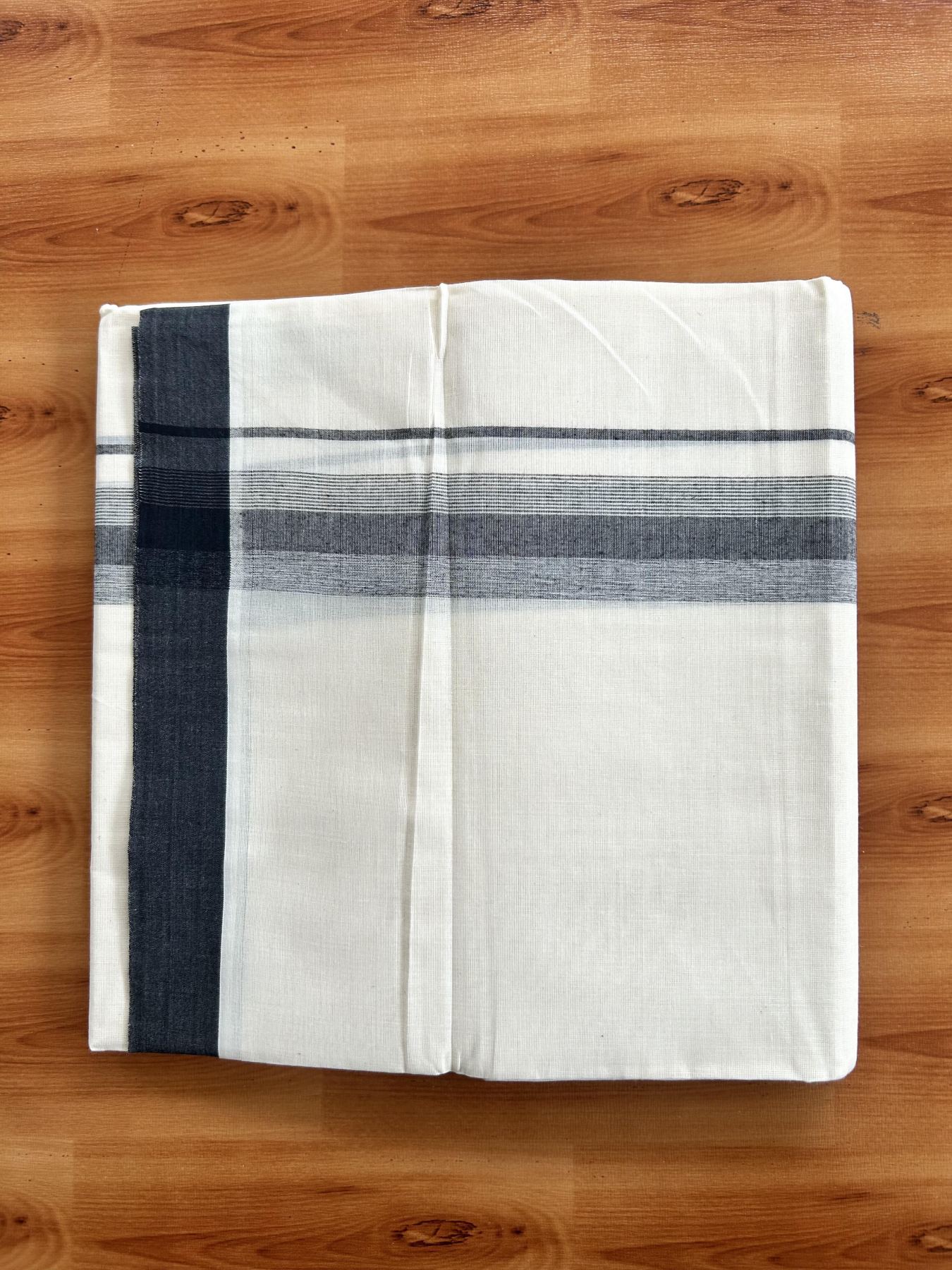 Double Off White (Unbleached) Mundu/Dhoti - 20% Discount! KaithariKada Pure Cotton - 100X80 - 1.75 inch Greyish Black Shaded Striped Kara 4 mtr (8.5 Muzham) - 58 KK5460 PMC