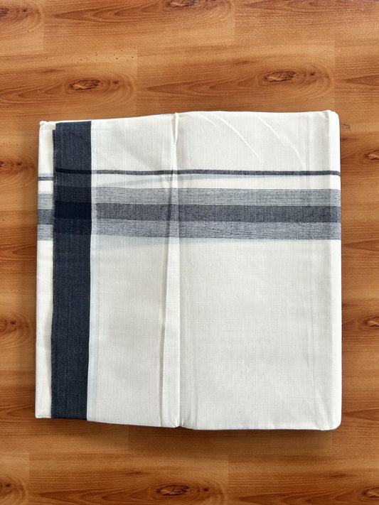Double Off White (Unbleached) Mundu/Dhoti - 20% Discount! KaithariKada Pure Cotton - 100X80 - 1.75 inch Greyish Black Shaded Striped Kara 4 mtr (8.5 Muzham) - 58 KK5460 PMC