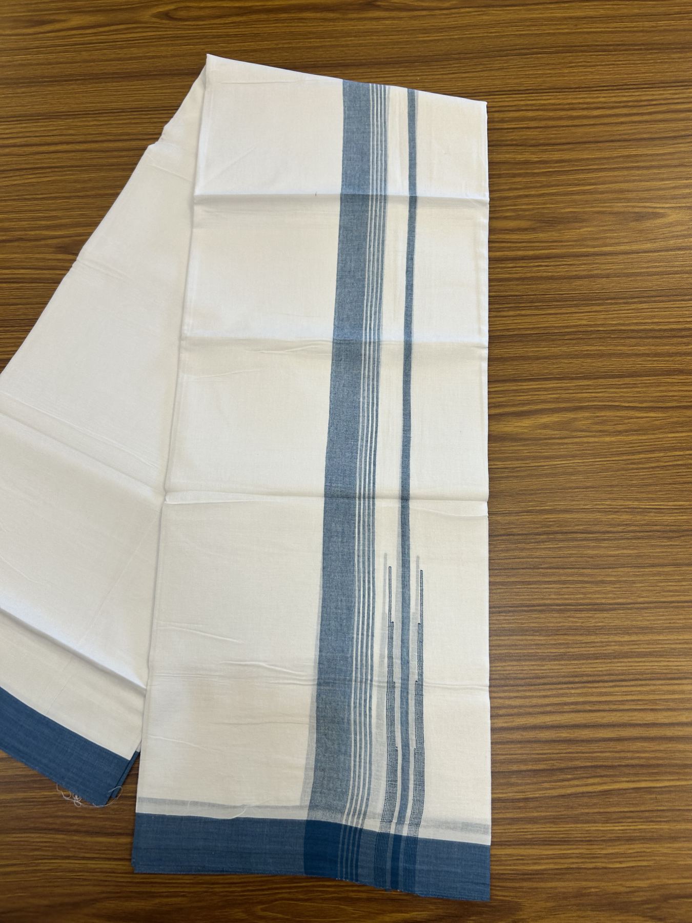 20% Discount! KaithariKada Balaramapuram 100% Cotton Double Pure white Mundu/Dhoti- 100x80 - 1.5 inch Peacock Blue shaded striped chutty kara - 3.75 mtr ( 8 muzham) - 26 KK5315 VAS