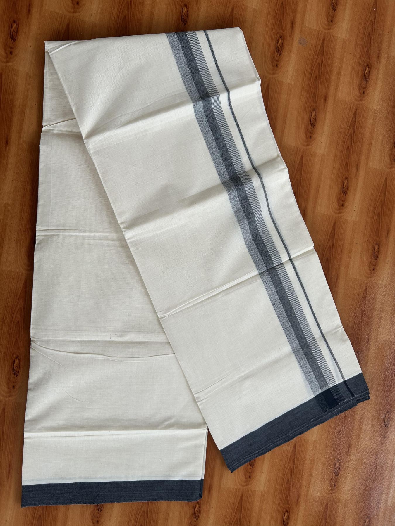 Double Off White (Unbleached) Mundu/Dhoti - 20% Discount! KaithariKada Pure Cotton - 100X80 - 1.75 inch Greyish Black Shaded Striped Kara 4 mtr (8.5 Muzham) - 58 KK5460 PMC