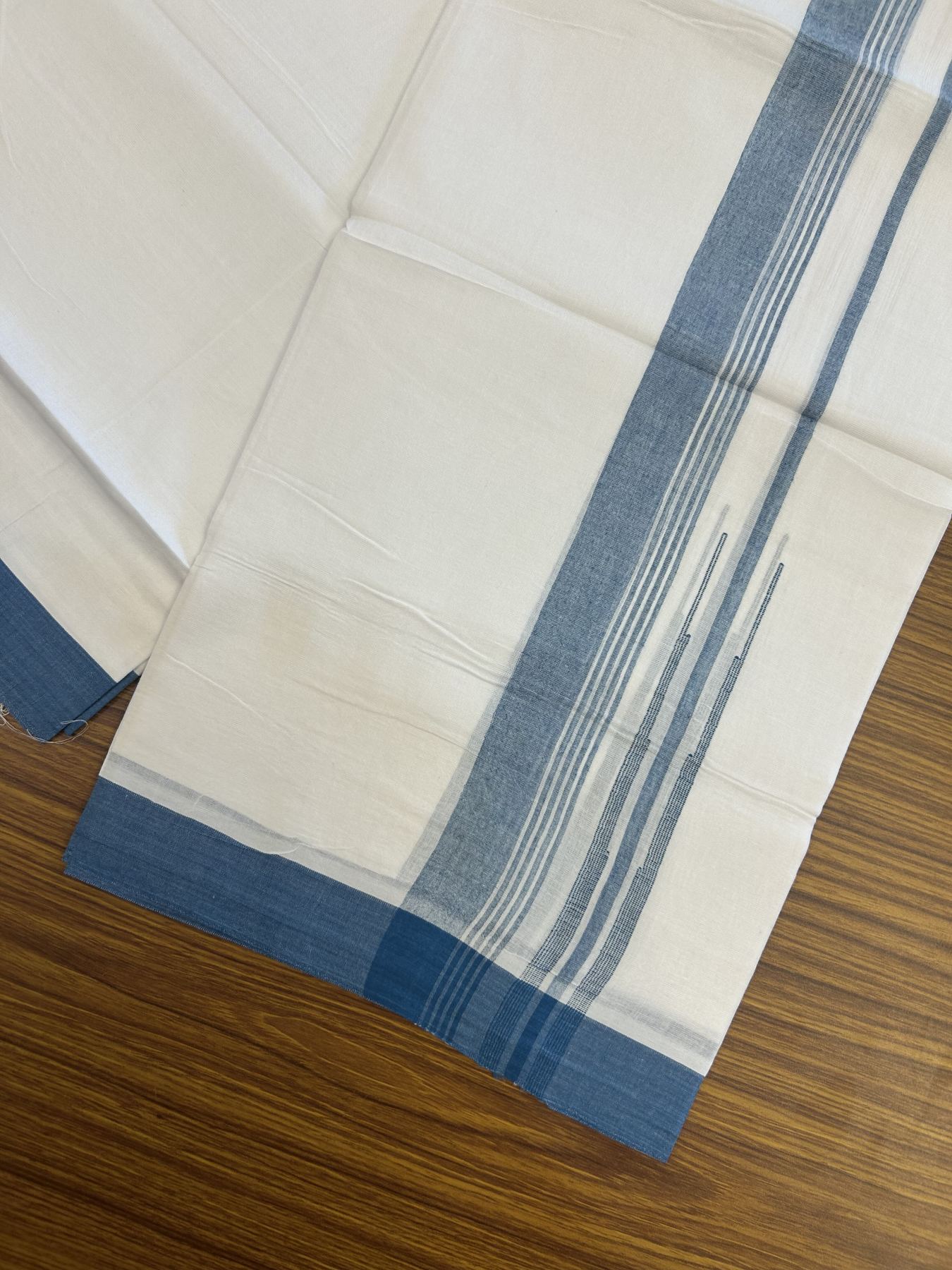 20% Discount! KaithariKada Balaramapuram 100% Cotton Double Pure white Mundu/Dhoti- 100x80 - 1.5 inch Peacock Blue shaded striped chutty kara - 3.75 mtr ( 8 muzham) - 26 KK5315 VAS