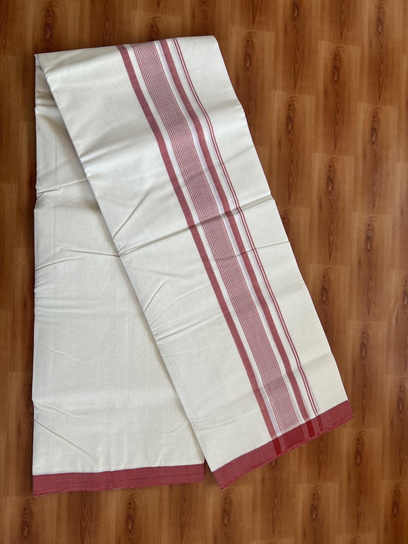 25% Discount! KaithariKada Handloom Millpaav - Kerala Handloom - Cotton Double Mundu/Dhoti Off white (Unbleached) - 80x90 - 2.75 inch Red Shaded Stripes Kara 4.00 meter (8.5 Muzham) - 86 KK5383 RAM