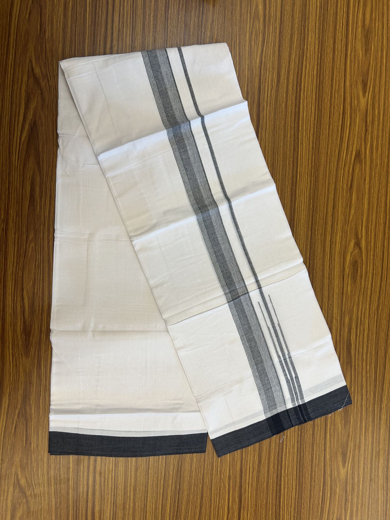 20% Discount! KaithariKada Balaramapuram 100% Cotton Double Pure white Mundu/Dhoti- 100x80 - 1.5 inch Black shaded striped chutty kara - 3.75 mtr ( 8 muzham) - 20 KK5315 VAS