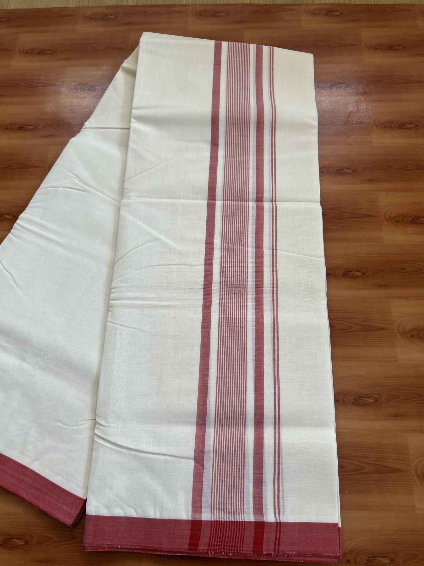 25% Discount! KaithariKada Handloom Millpaav - Kerala Handloom - Cotton Double Mundu/Dhoti Off white (Unbleached) - 80x90 - 2.75 inch Red Shaded Stripes Kara 4.00 meter (8.5 Muzham) - 86 KK5383 RAM
