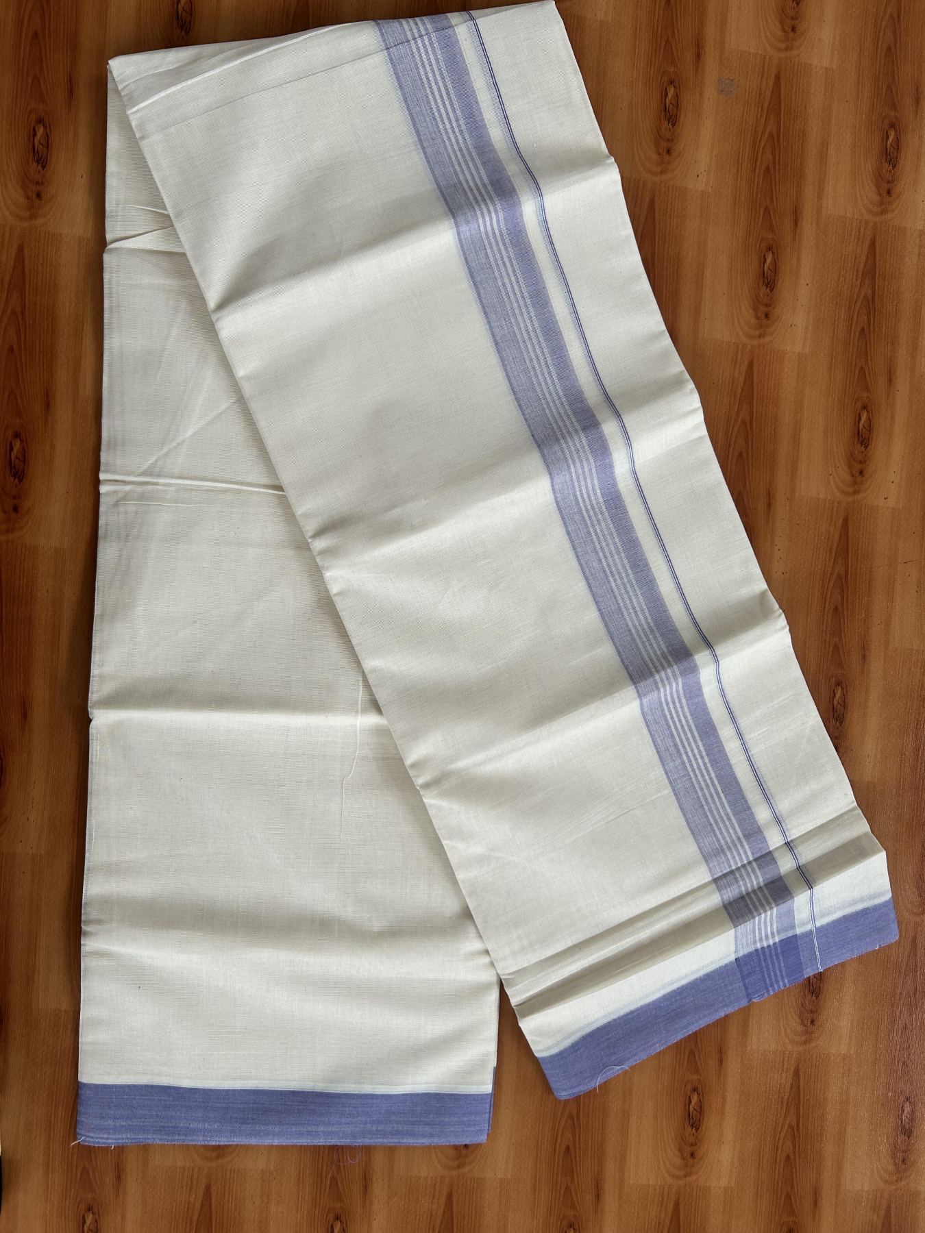 Double Off White (Unbleached) Mundu/Dhoti - 20% Discount! KaithariKada Pure Cotton - 60s - 1.5 inch Lavender Shaded Striped Kara 4 mtr (8.5 Muzham) - 64 KK5460 PMC