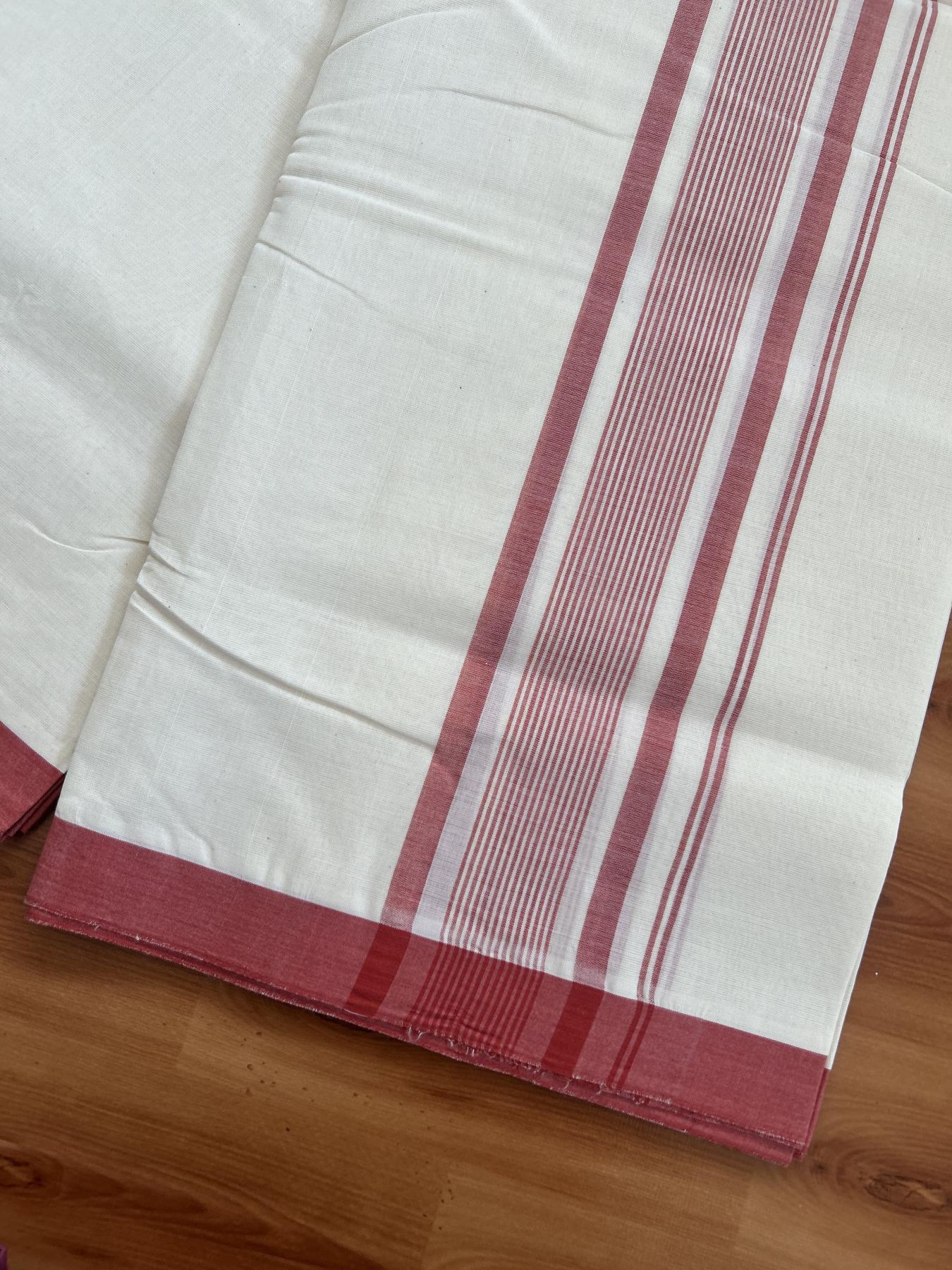 25% Discount! KaithariKada Handloom Millpaav - Kerala Handloom - Cotton Double Mundu/Dhoti Off white (Unbleached) - 80x90 - 2.75 inch Red Shaded Stripes Kara 4.00 meter (8.5 Muzham) - 86 KK5383 RAM