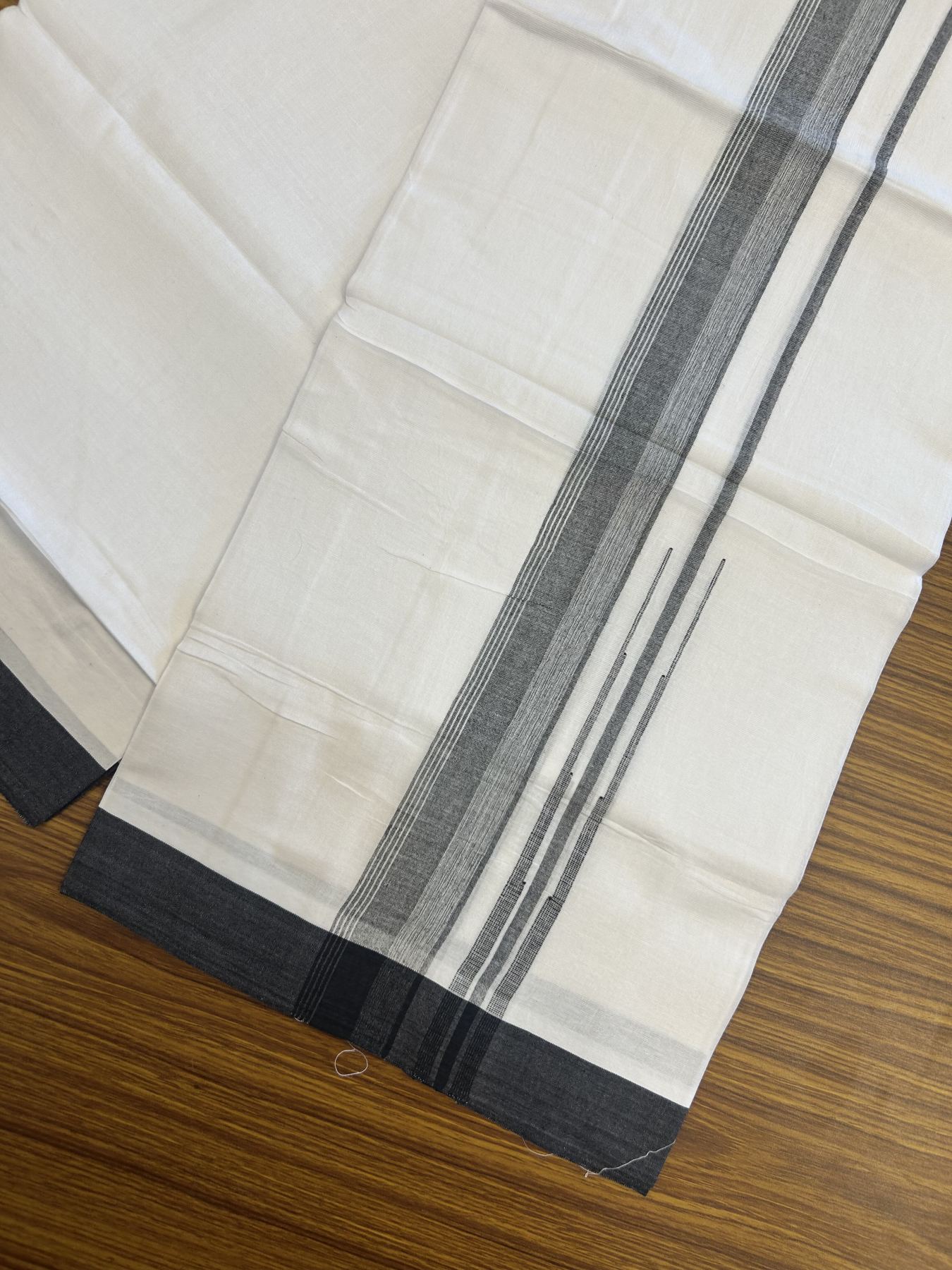 20% Discount! KaithariKada Balaramapuram 100% Cotton Double Pure white Mundu/Dhoti- 100x80 - 1.5 inch Black shaded striped chutty kara - 3.75 mtr ( 8 muzham) - 20 KK5315 VAS