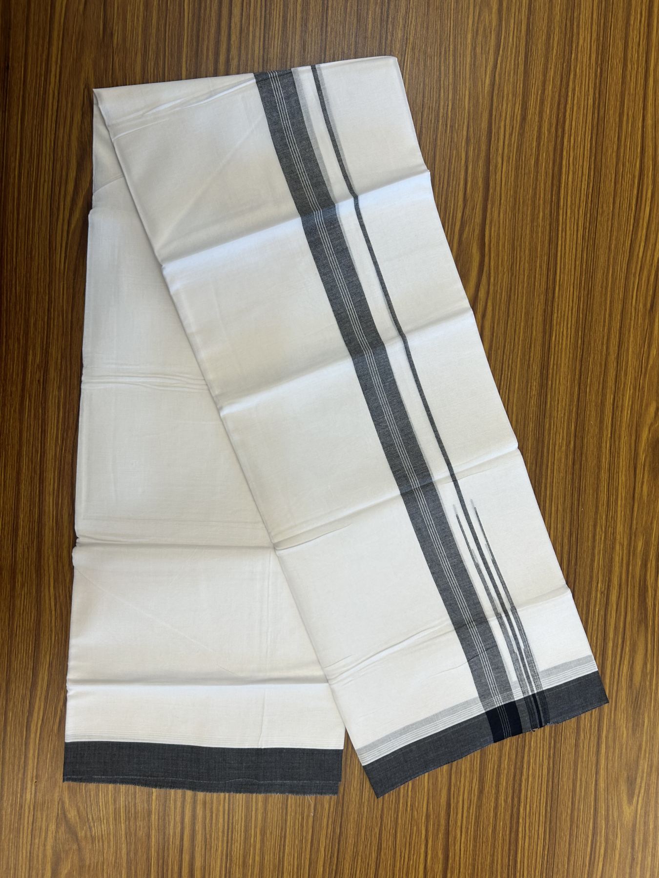 20% Discount! KaithariKada Balaramapuram 100% Cotton Double Pure white Mundu/Dhoti- 100x80 - 1.25 inch Black shaded White striped chutty kara - 3.75 mtr ( 8 muzham) - 18 KK5315 VAS