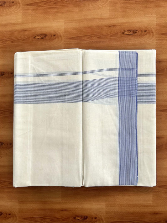 Double Off White (Unbleached) Mundu/Dhoti - 20% Discount! KaithariKada Pure Cotton - 100x80 - 1.5 inch Lavender Blue Shaded Striped Kara 4 mtr (8.5 Muzham) - 63 KK5460 PMC