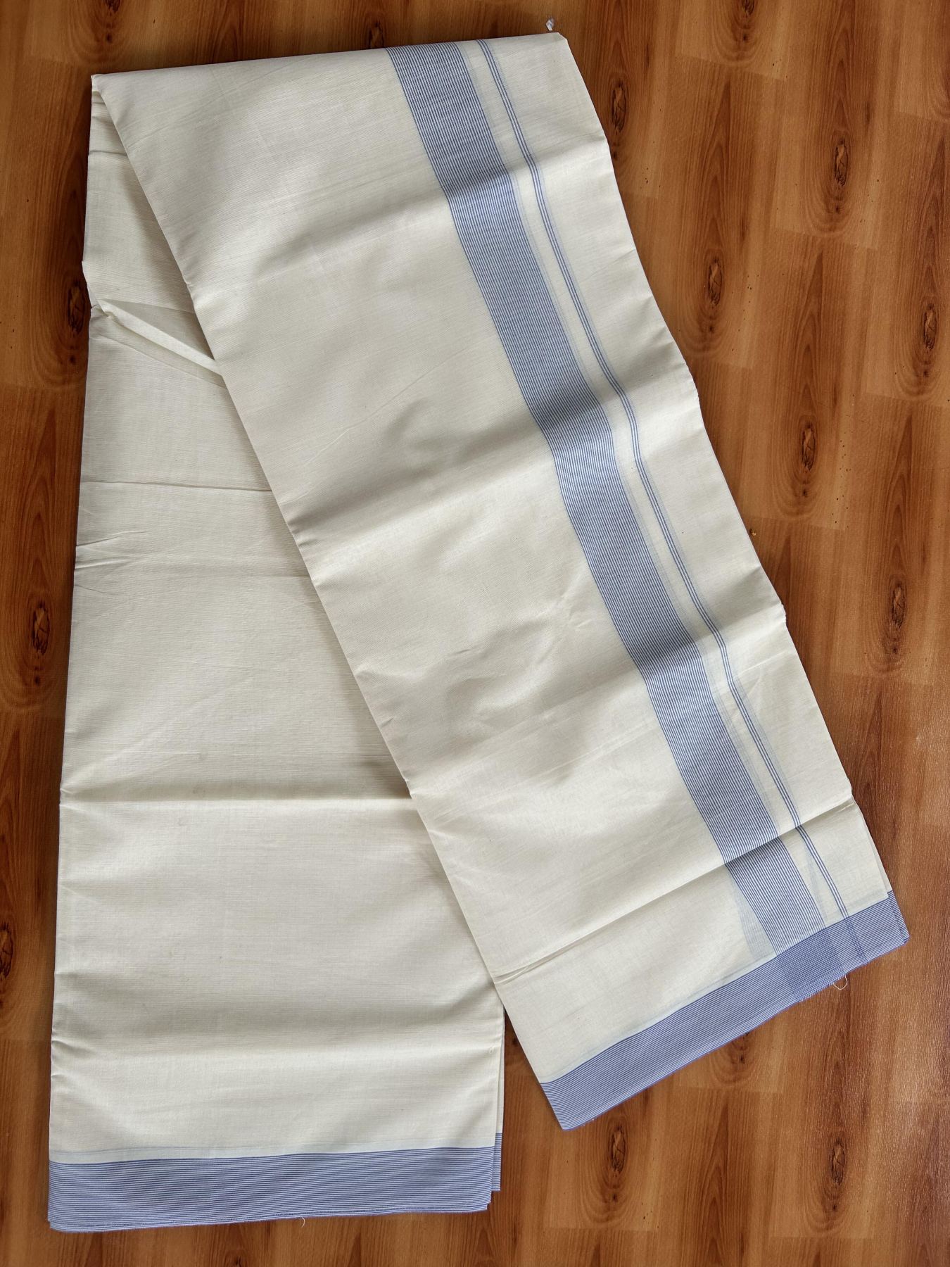 Double Off White (Unbleached) Mundu/Dhoti - 20% Discount! KaithariKada Pure Cotton - 100x80 - 1.5 inch Lavender Blue Shaded Striped Kara 4 mtr (8.5 Muzham) - 63 KK5460 PMC