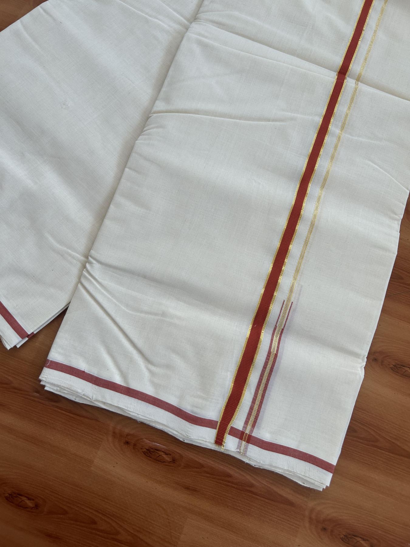 25% Discount!! KaithariKada Handloom Millpaav - Kerala Handloom - 100% Pure Cotton Off White Double Mundu/Dothi - (Unbleached) - 80x90 - 0.5 Inch Gold Kasav Burnt Orange Puliyilakkara chutty 4 mtr (8.5 Muzham) - 56 KK5383 RAM