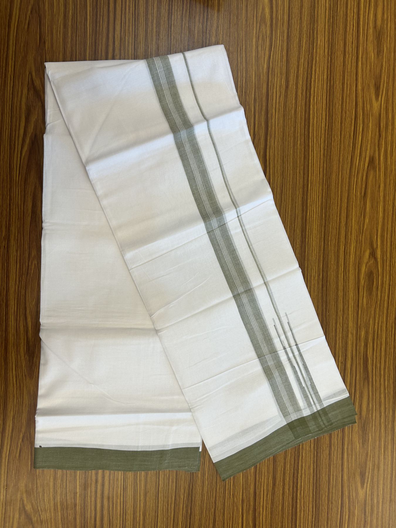 20% Discount! KaithariKada Balaramapuram 100% Cotton Double Pure white Mundu/Dhoti- 100x80 - 1.25 inch Olive Green shaded striped chutty kara - 3.75 mtr ( 8 muzham) - 24 KK5315 VAS