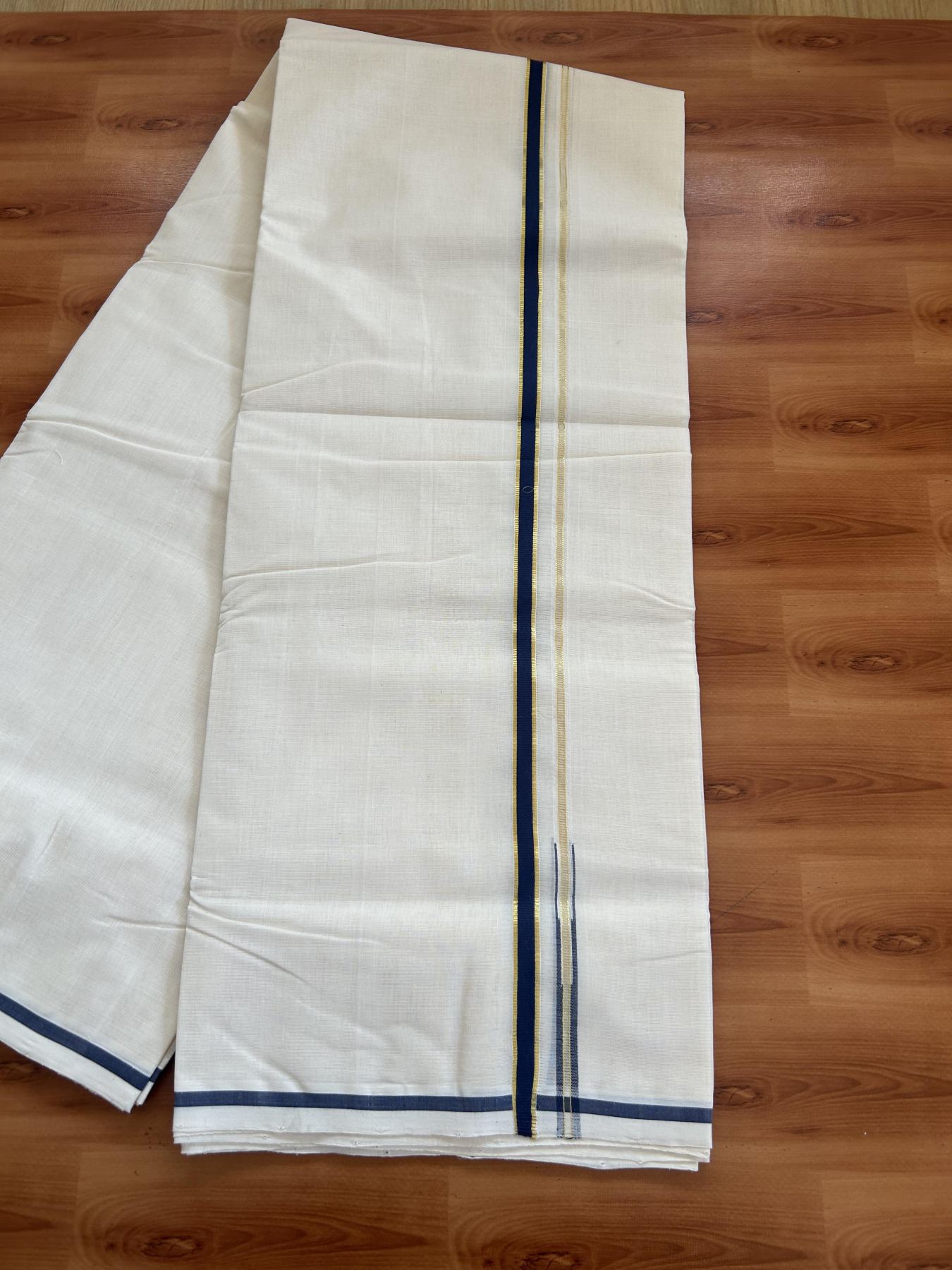 25% Discount!! KaithariKada Handloom Millpaav - Kerala Handloom - 100% Pure Cotton Off White Double Mundu/Dothi - (Unbleached) - 80x90 - 0.5 Inch Gold Kasav Solid Navy Blue Puliyilakkara chutty 4 mtr (8.5 Muzham) - 58 KK5383 RAM